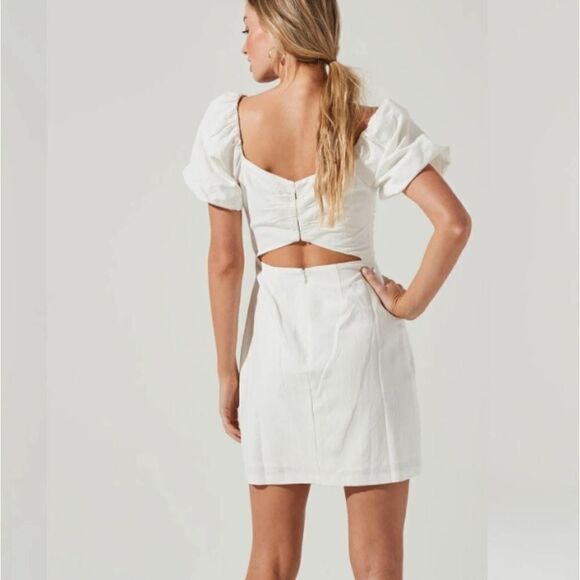 ASTR Pleat Front white minidress Viscose Linen blend Dress cross back puff sleev - Picture 13 of 15